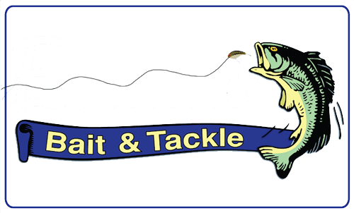 graphic of a jumping fish with bait and tackle banner