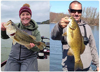 woman angler with a largemouth bass and male angler with smallmouth bass
