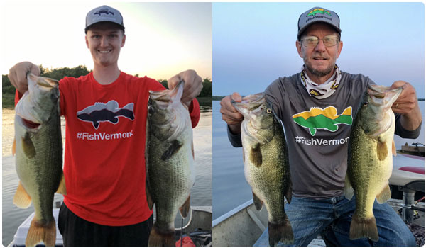 Two anglers showing off some really nice bass