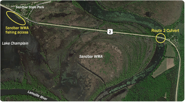 map of Sandbar WMA and Rte 2 Culvert