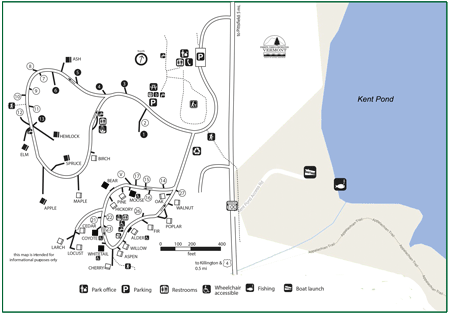 click for larger map of Gifford Woods State Park and Kent Pond