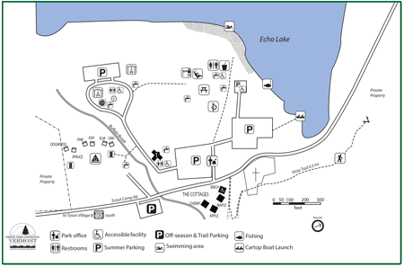 click for larger map of Camp Plymouth State Park on Echo Lake