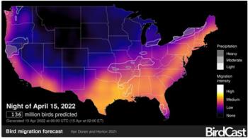 map of the US showing bird migration on the night of April 15, 2022 based on weather radar