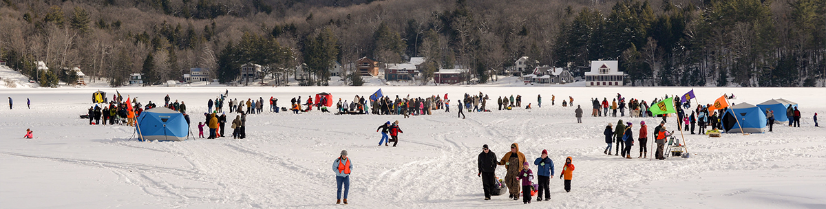 ice fishing with warming hut