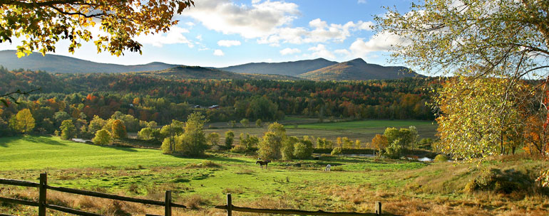 Vermont landscape of fields and mountains