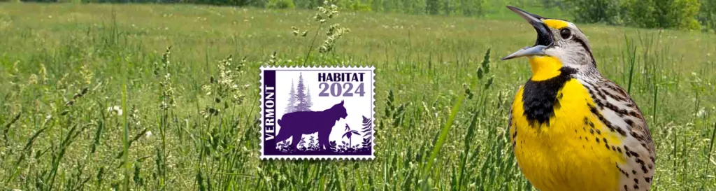 meadowlark and habitat stamp overlay a grassland