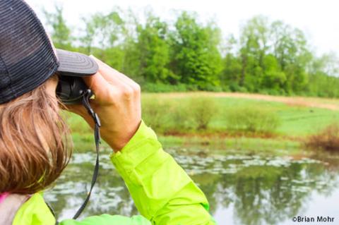 women looking across a pond with binoculars