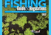 Fish law digest cover with drone view of boater on pond with lily pads